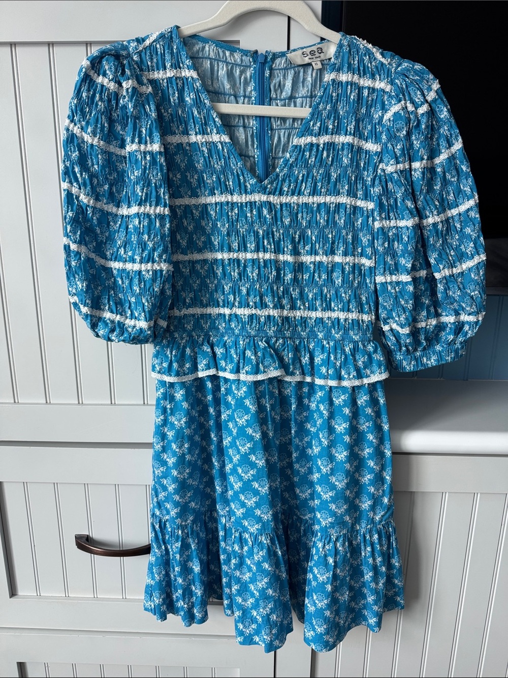 Sea Blue Floral Smocked Puff-Sleeve Mini Dress